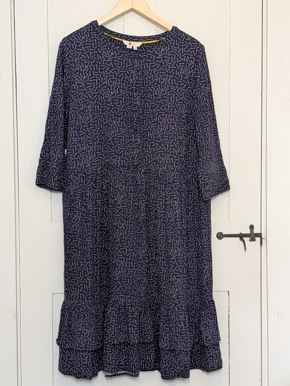 Boden Dress Navy Arrow Patterned Ruffle-Hem Umpire Waist Prairie Core Peasant 14